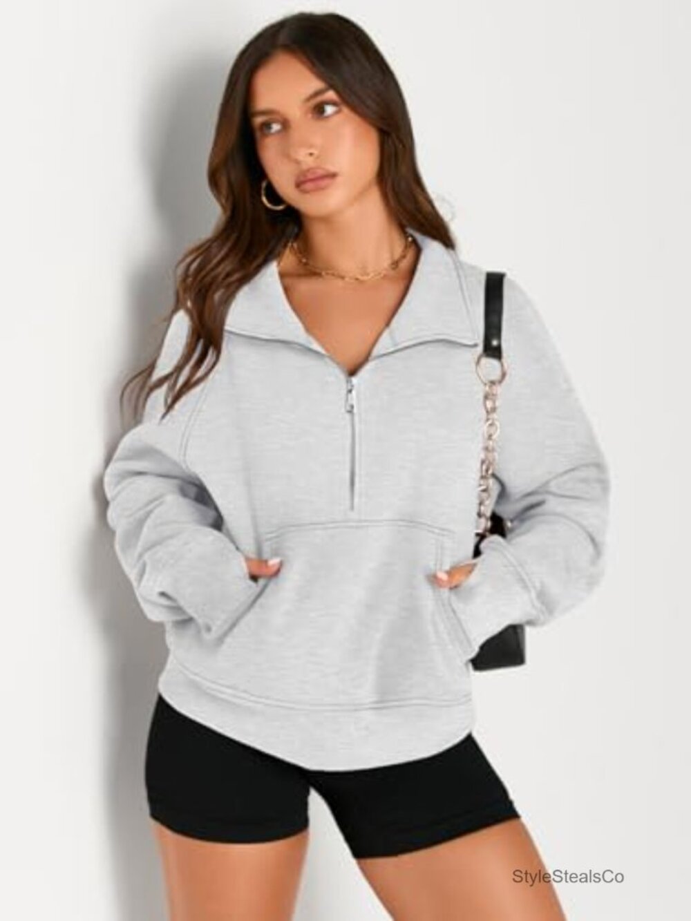 Warm Fleece Half Zip Pullover with Thumb Holes Kangaroo Pocket - Picture 2 of 6